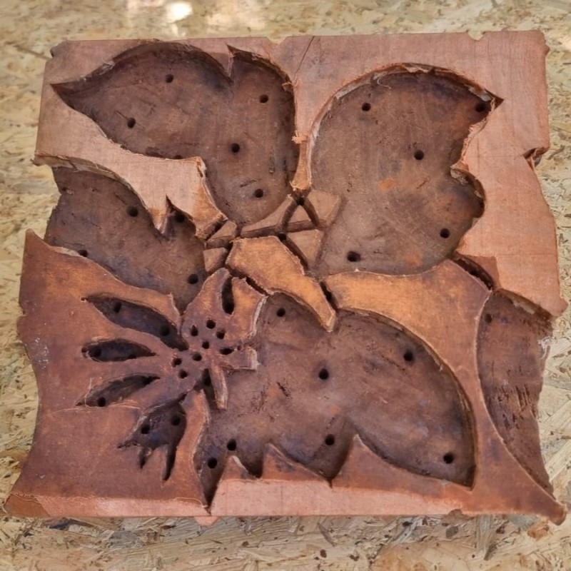 Ξύλινη  σφραγίδα Block Printing με Φύλλα & Λουλούδι – Vintage, Jaipur India (23x23 εκ.)