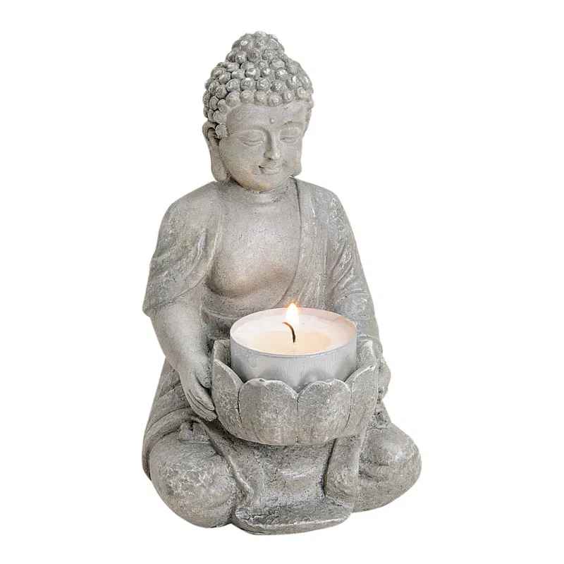 Buddha with tealight holder in gray made of poly, W9 x D8 x H14 cm