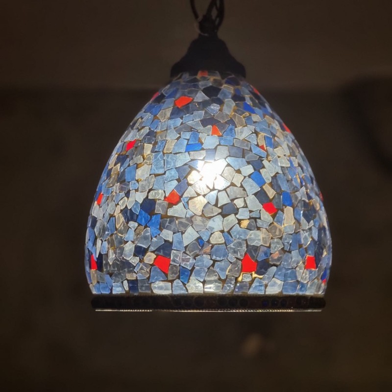 Mosaic Glass Hanging Lamp –  Blue & Red Accents (24X37)