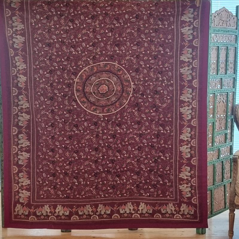 Silk  Kantha Throw / Tablecloth, Handmade in India with elephants all around 125X255cm