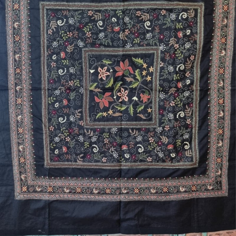 Silk Kantha Throw / Tablecloth, Handmade in India 150X150cm